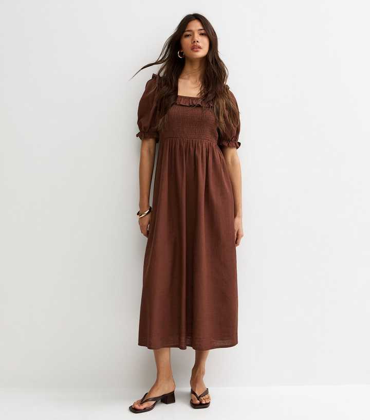 Dark Brown Short Sleeve Shirred Frill Midi Dress