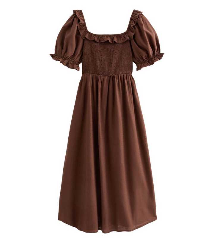 Dark Brown Short Sleeve Shirred Frill Midi Dress