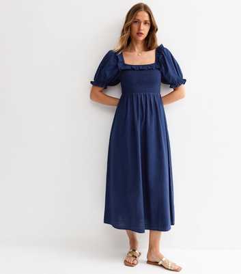 Navy Short Sleeve Shirred Frill Midi Dress
