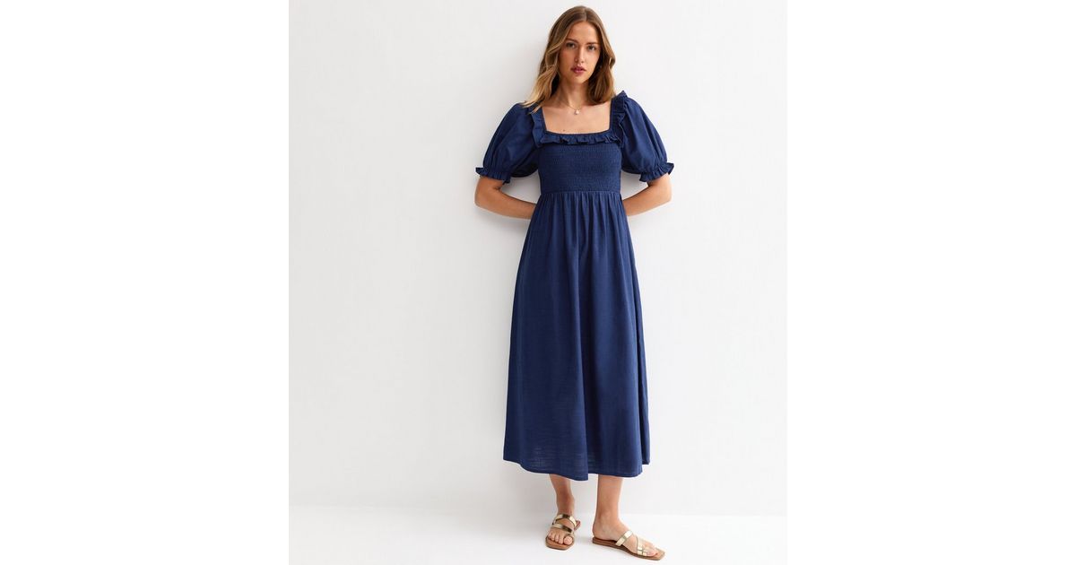 Navy Short Sleeve Shirred Frill Midi Dress
