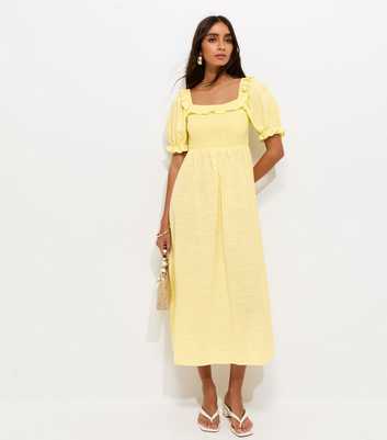 Light Yellow Short Sleeve Shirred Frill Midi Dress