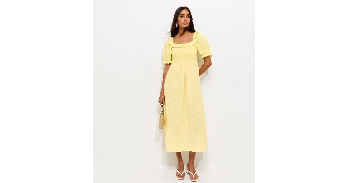 Light Yellow Short Sleeve Shirred Frill Midi Dress