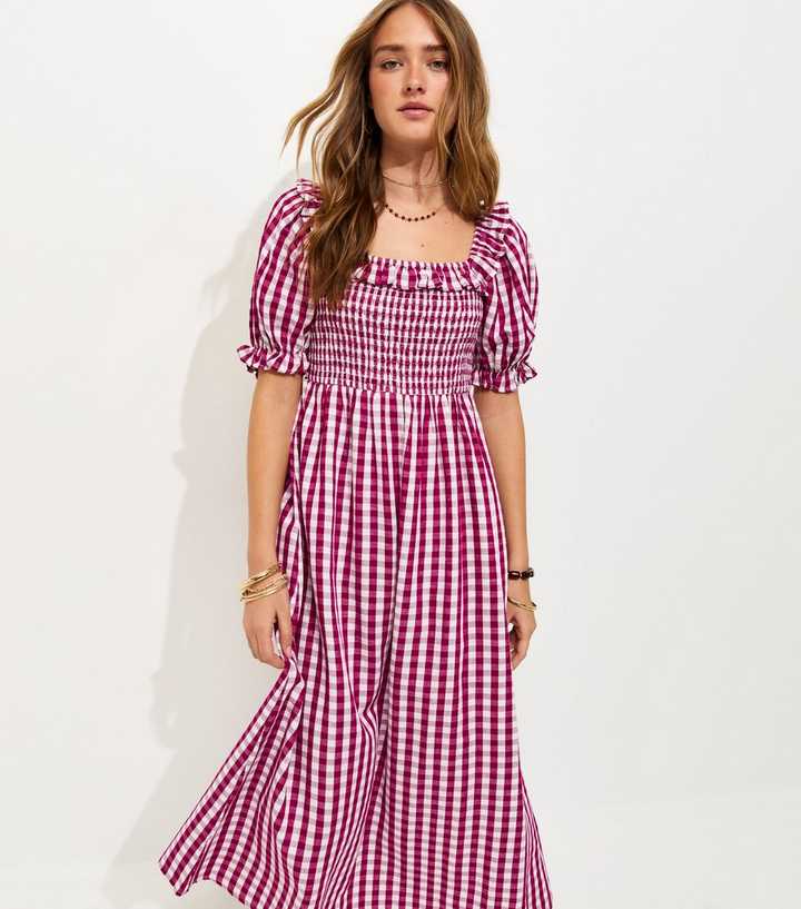 Red Cotton Blend Short Sleeve Gingham Shirred Frill Midi Dress | New Look Red Cotton Blend Short Sleeve Gingham Shirred Frill Midi Dress | New Look