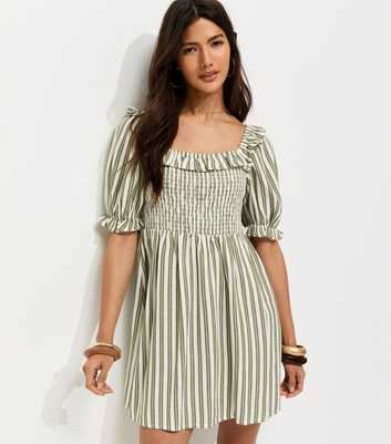Green Striped Short Sleeve Shirred Frill Mini Dress