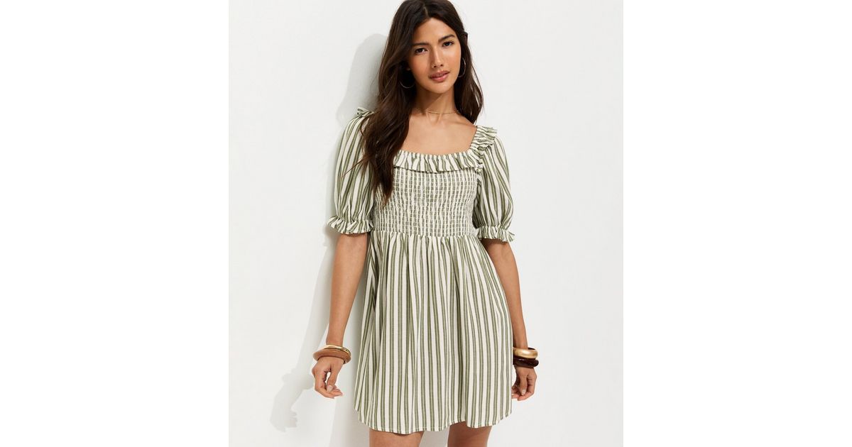 Green Striped Short Sleeve Shirred Frill Mini Dress