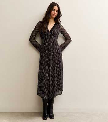 Burgundy Polka Dot Long Sleeve Lace Mesh Midi Dress