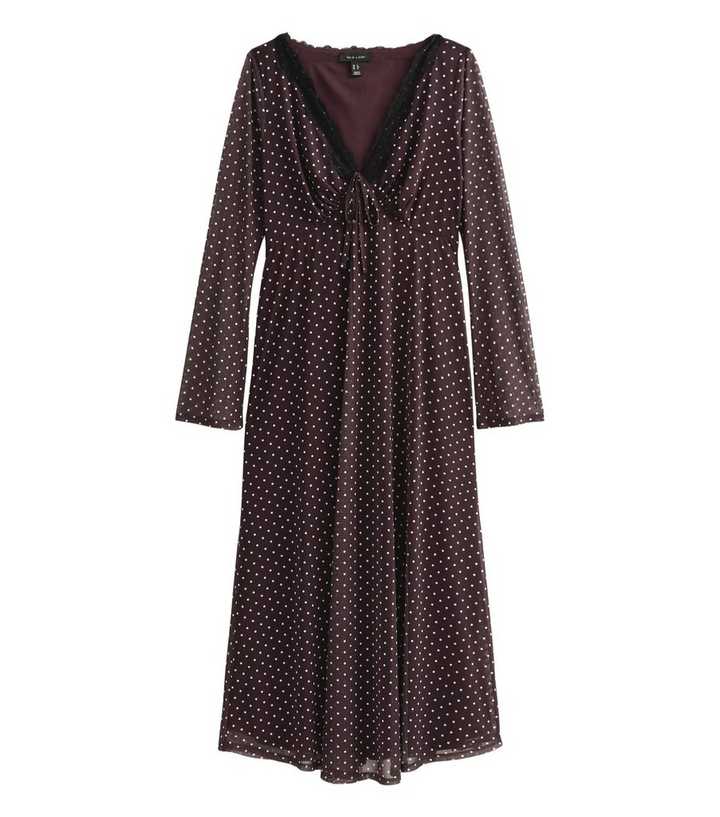 Burgundy Polka Dot Long Sleeve Lace Mesh Midi Dress