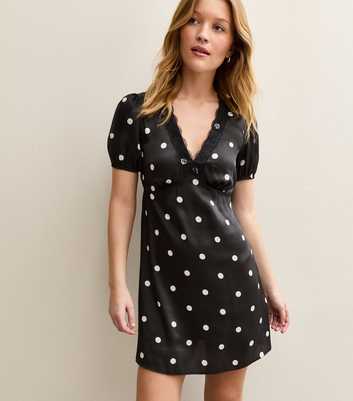 Black Polka Dot Lace Trim Satin Mini Dress