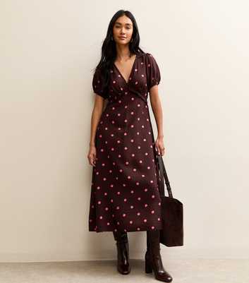 Burgundy Polka Dot Print Short Sleeve Midi Dress