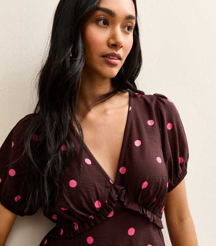 knee length dresses for ladies Love You Always Burgundy Polka Dot Ruched Front Midi Dress main image 1