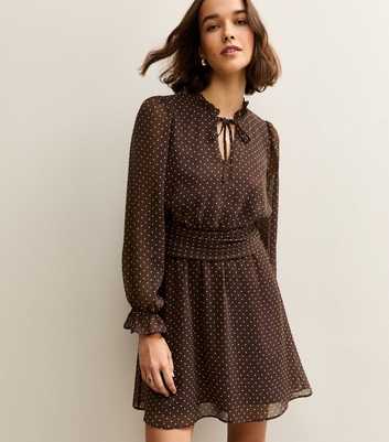 Brown Chiffon Polka Dot Mini Dress