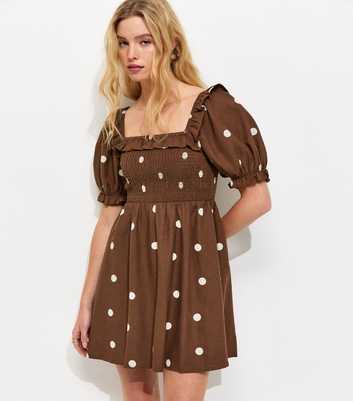 Brown Polka Dot Shirred Short Sleeve Mini Dress