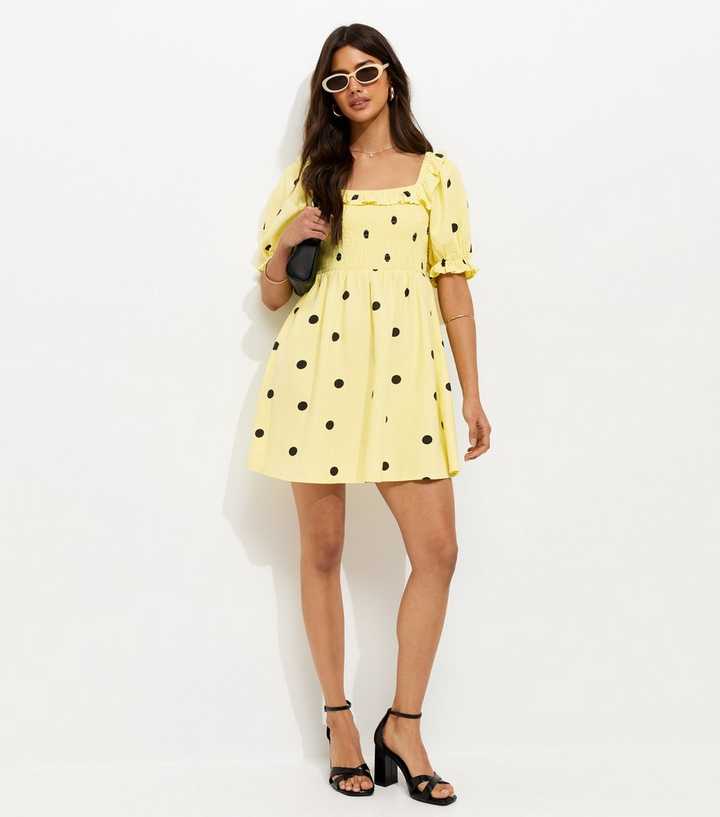 Yellow Polka Dot Shirred Short Sleeve Mini Dress