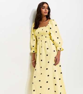 Yellow Textured Polka Dot Shirred Midi Dress