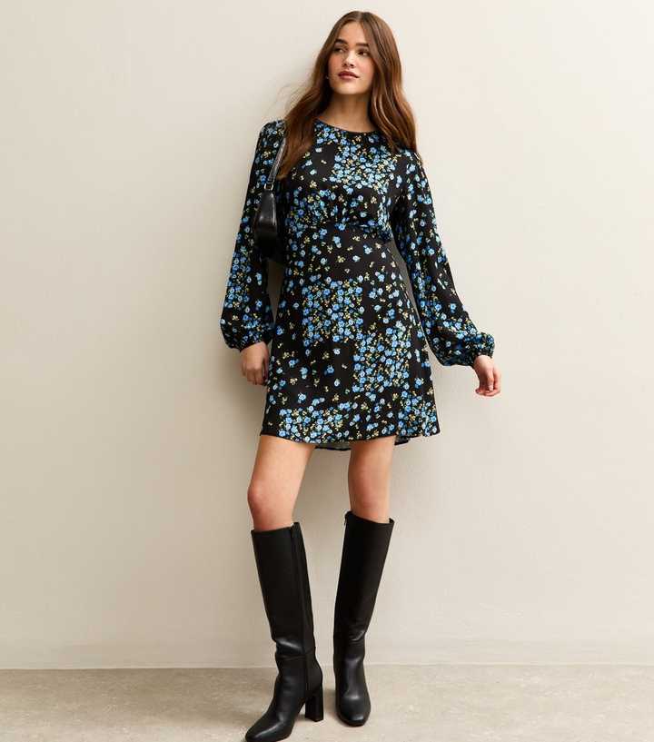 Black Rose Print Long Sleeve Mini Dress