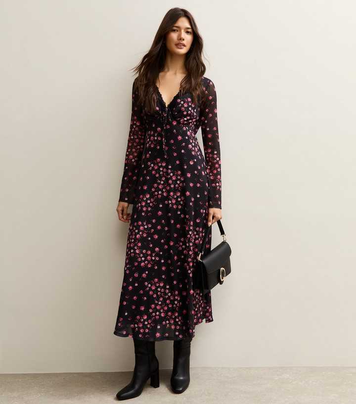 Black Rose Mesh Long Sleeve Midi Dress