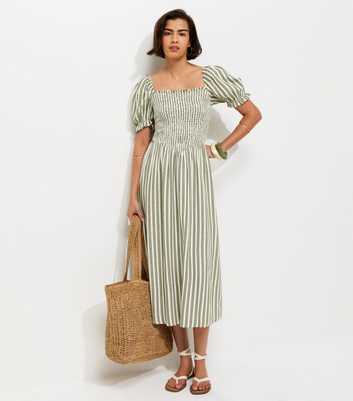 Green Striped Shirred Puff Sleeve Midi Dress