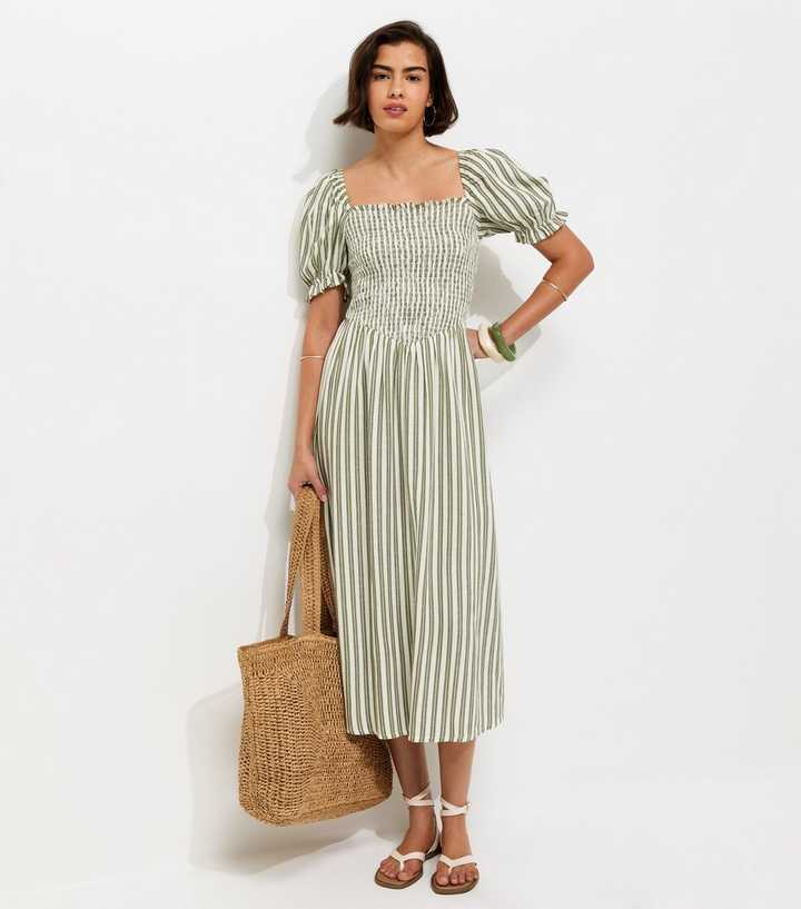 Green Striped Shirred Puff Sleeve Midi Dress