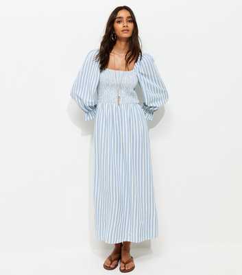 Blue Striped Shirred Puff Sleeve Midi Dress