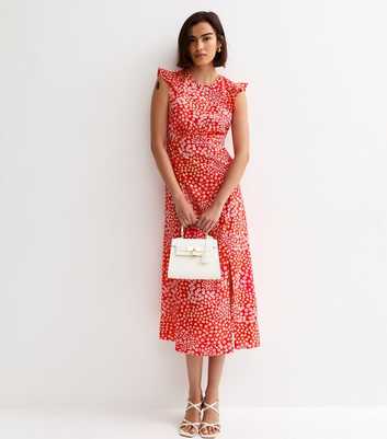 Red Ditsy Floral Frill Midi Dress