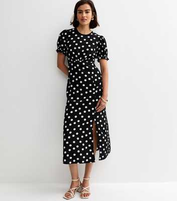 Black Crepe Polka Dot Short Sleeve Midi Dress