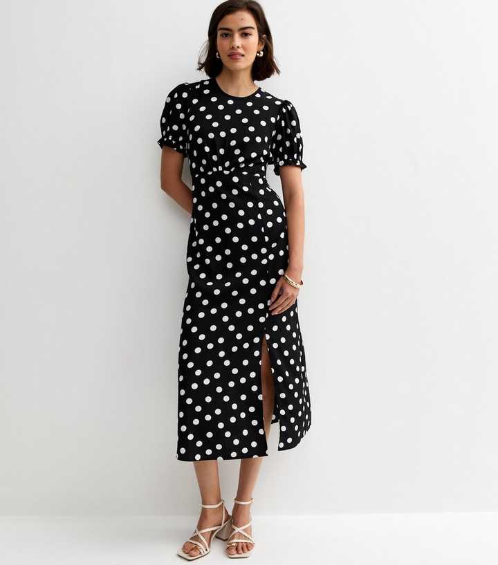 Black Crepe Polka Dot Short Sleeve Midi Dress