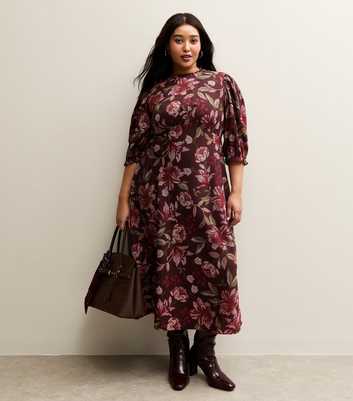 Curves Burgundy Floral Cropped Sleeve Midi Dress