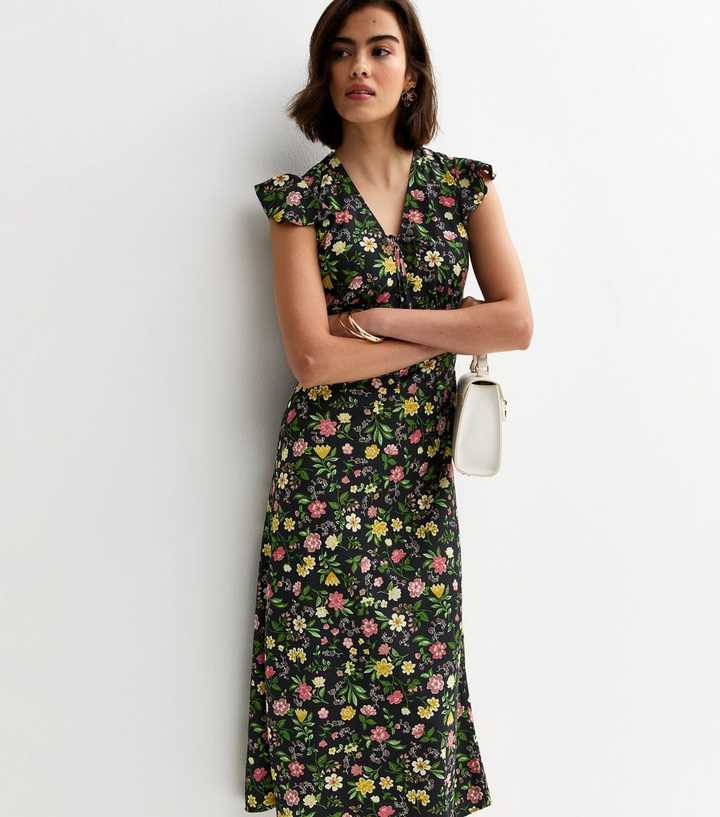 Black Floral Tie Front Midi Dress