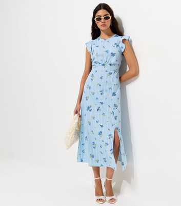 Blue Floral Print Crepe Midi Dress