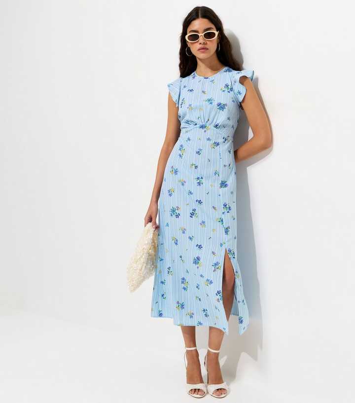 Blue Floral Print Crepe Midi Dress