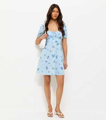 Blue Crepe Striped Floral Print Milkmaid Mini Dress