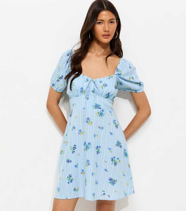 Blue Crepe Striped Floral Print Milkmaid Mini Dress | New Look