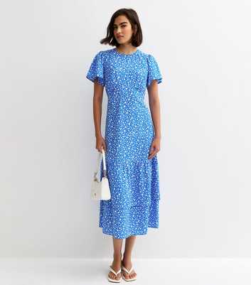 Blue Crepe Floral Print Short Sleeve Tiered Midi Dress