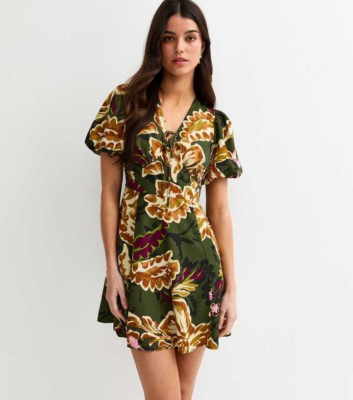 Green Floral Tie Front Mini Dress