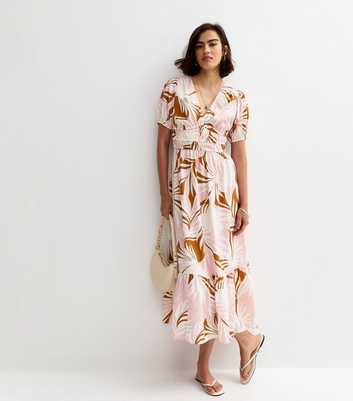 Pink Leaf Print Short Sleeve Midi Dress