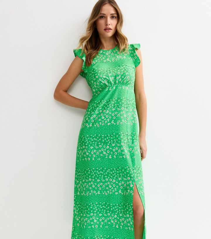 Green Floral Flutter Sleeve Midi Dress