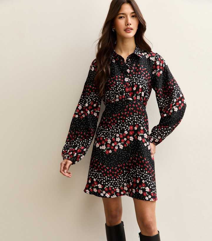 Black Floral Long Sleeve Mini Shirt Dress