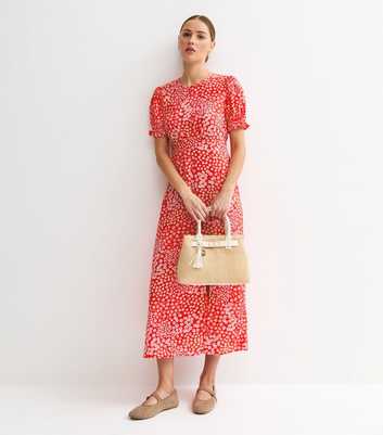 Red Crepe Floral Print Mix Short Sleeve Midi