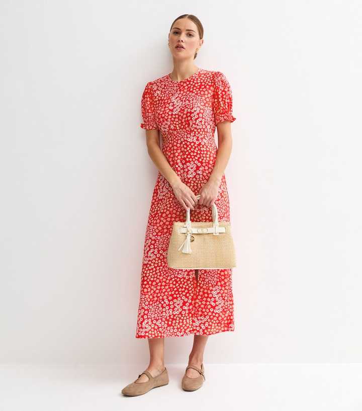 Red Crepe Floral Print Mix Short Sleeve Midi