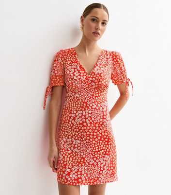 Red Crepe Floral Print Tie Sleeve Mini Dress