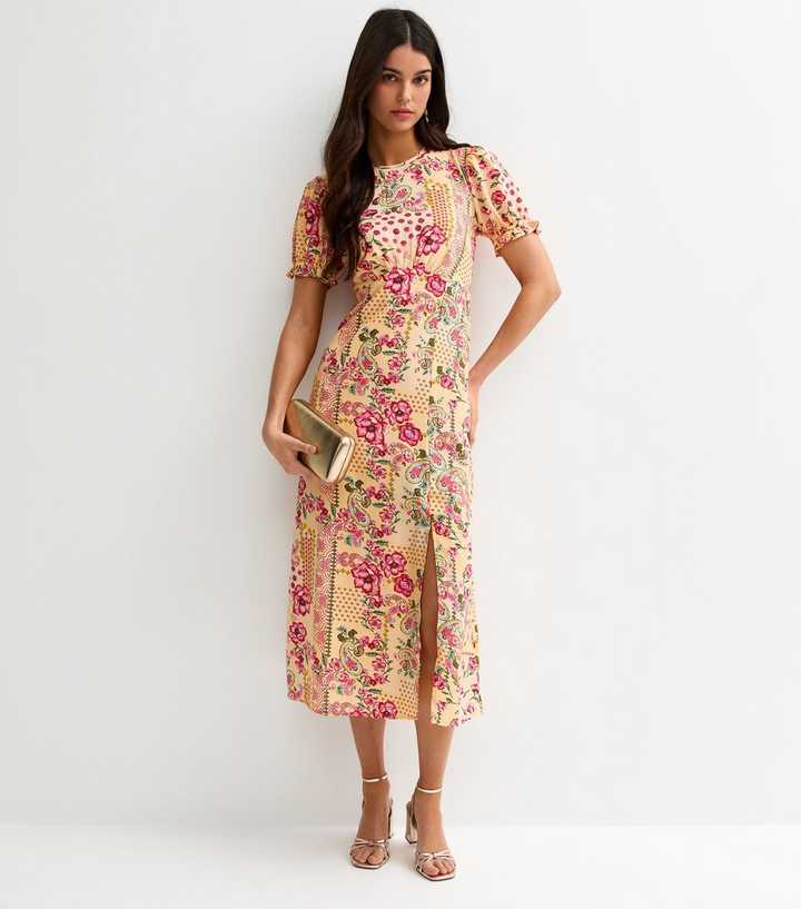 Yellow Floral Short Sleeve Midi Dress