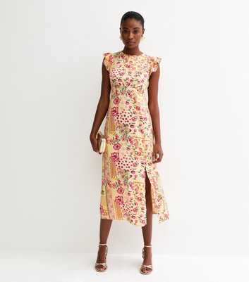 Pink Crepe Patchwork Print Slit Hem Midi Dress
