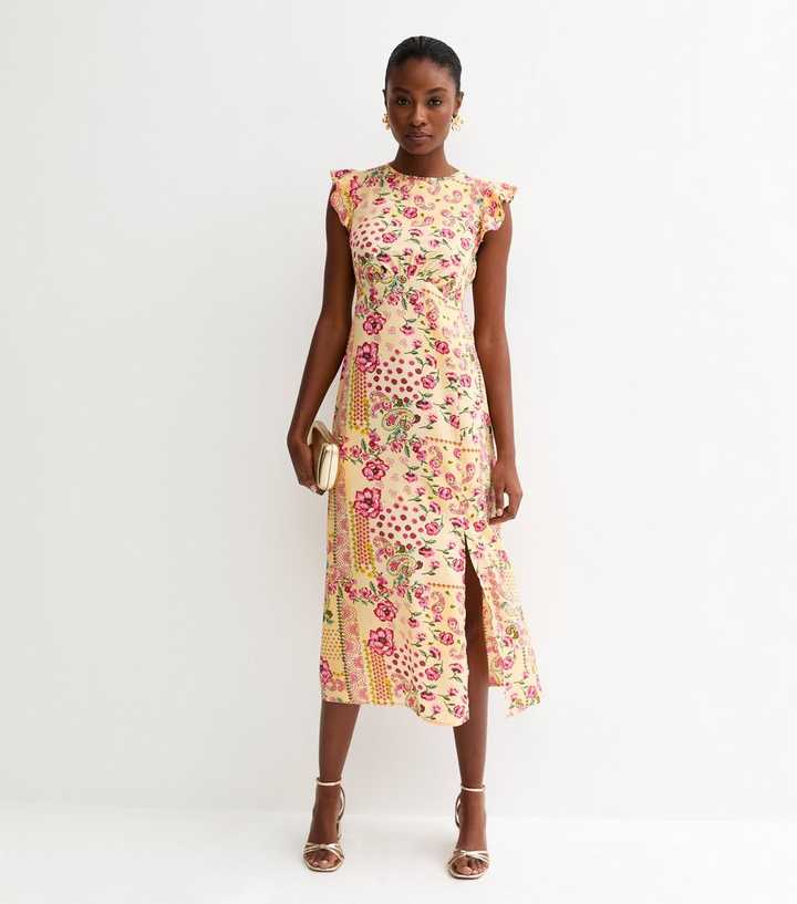 Pink Crepe Patchwork Print Slit Hem Midi Dress