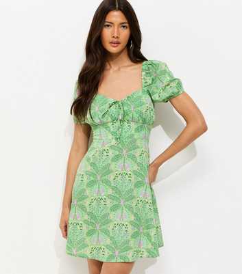 Green Crepe Botanical Print Milkmaid Mini Dress