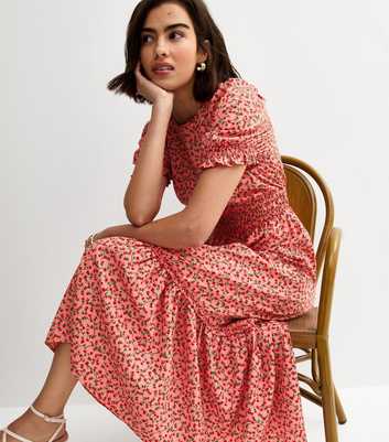 Pink Floral Short Sleeve Tiered Midi Dress