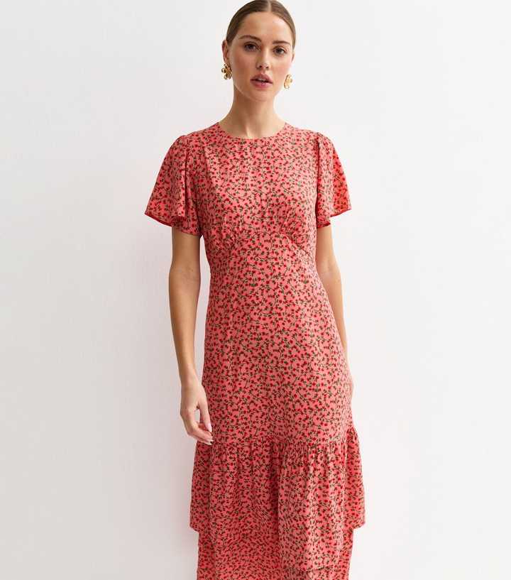 Pink Floral Flutter Sleeve Tiered Midi Dress