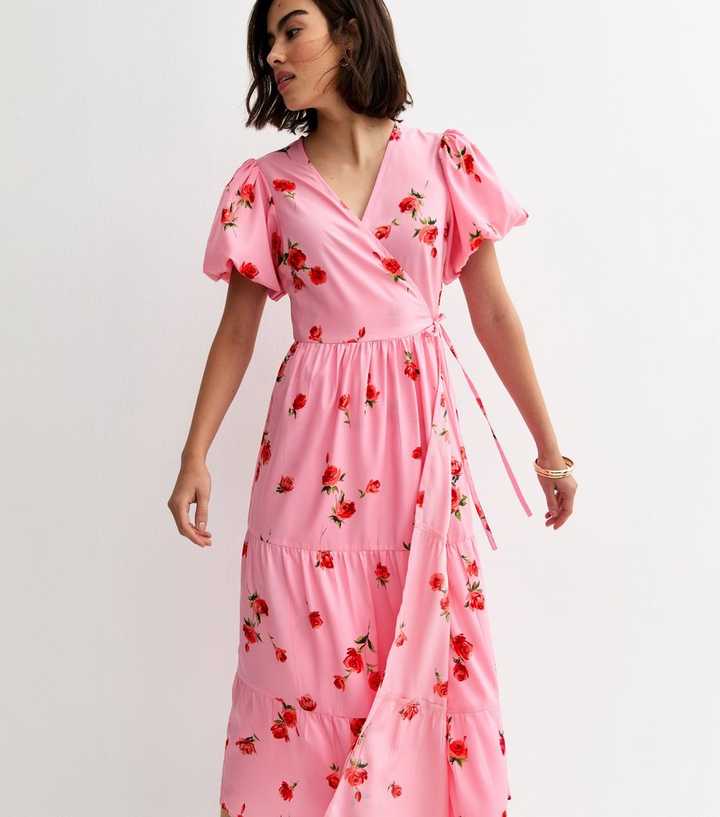 Pink Crepe Rose Print Wrap Midi Dress