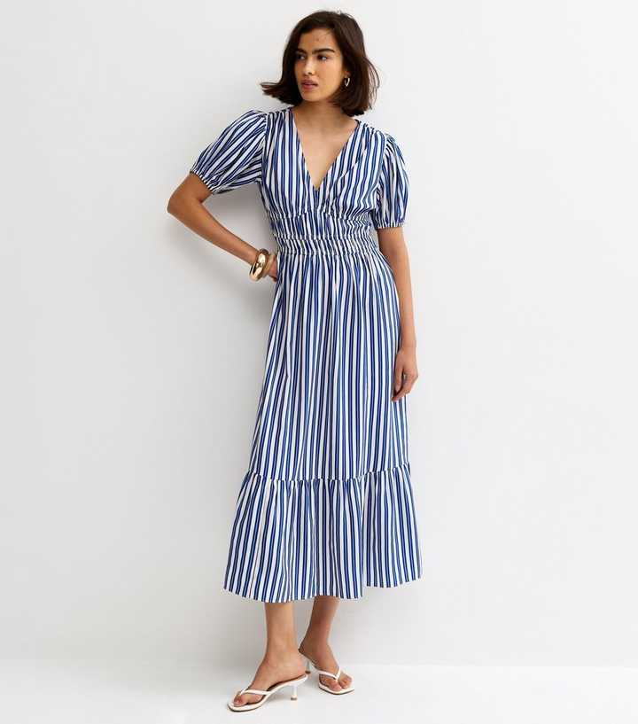 Blue Crepe Striped V-Neck Short Sleeve Midi Dress