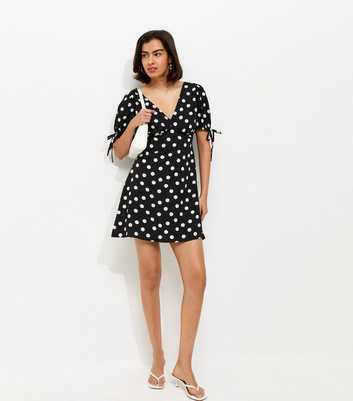 Black Crepe Polka Dot Tie Sleeve Mini Dress