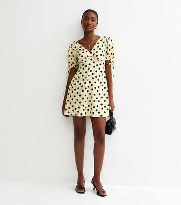 Yellow Crepe Polka Dot Tie Sleeve Mini Dress